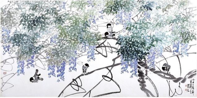 등나무 · 지본 위에 수묵담채 · 67x135cm · 김명제 · (이미지출처 = 화순군립석봉미술관)