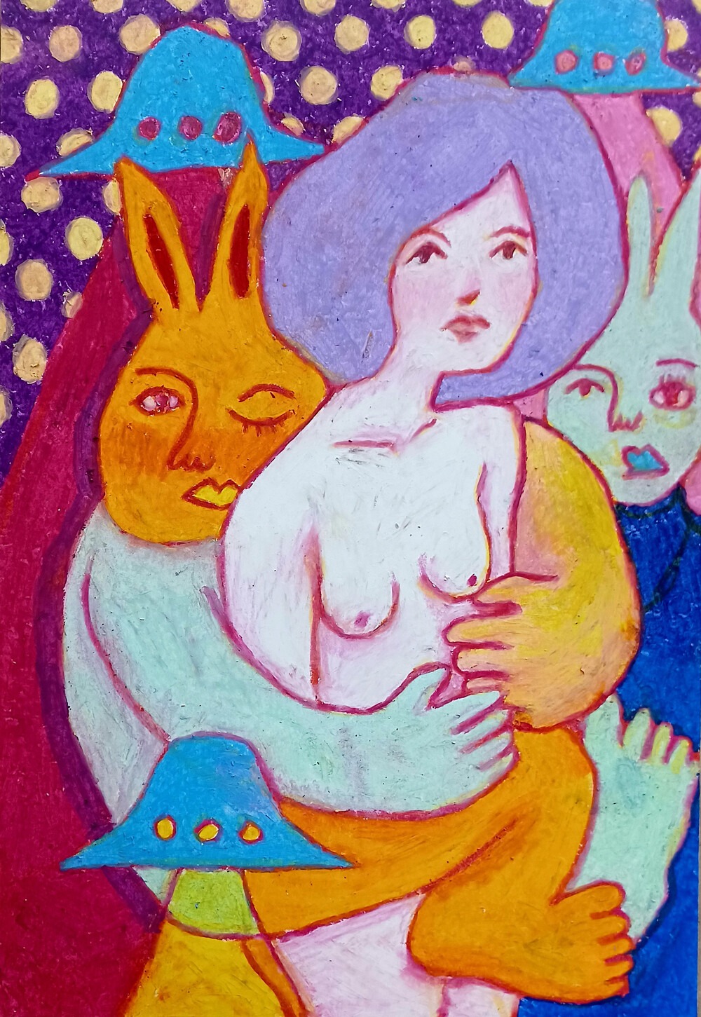 that bunny loves humans · 종이에 크레파스 · 36x25cm · 2022 · 임정철 · (출처 = 클램프 갤러리)
