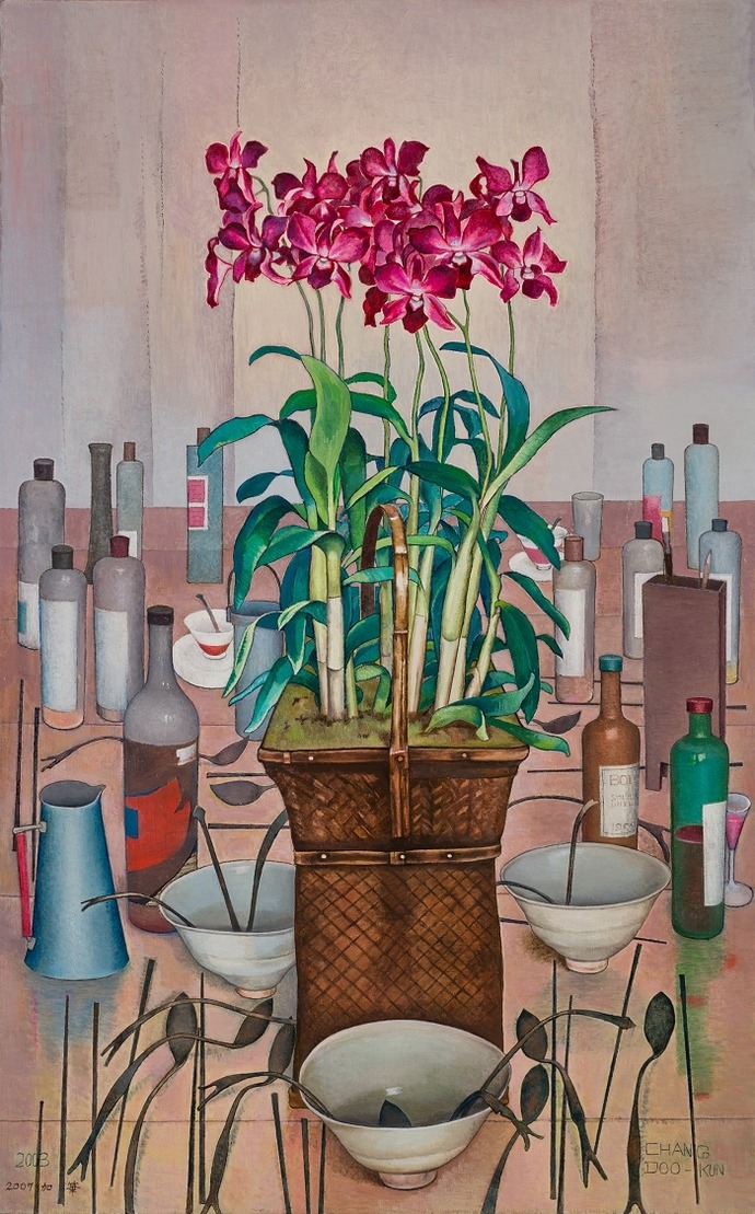 꽃이 있는 정물 · 캔버스에 유채 · 116.6 × 73cm · 2003-2007 · 초헌(草䡣) 장두건 · (이미지출처 = 포항시립미술관)