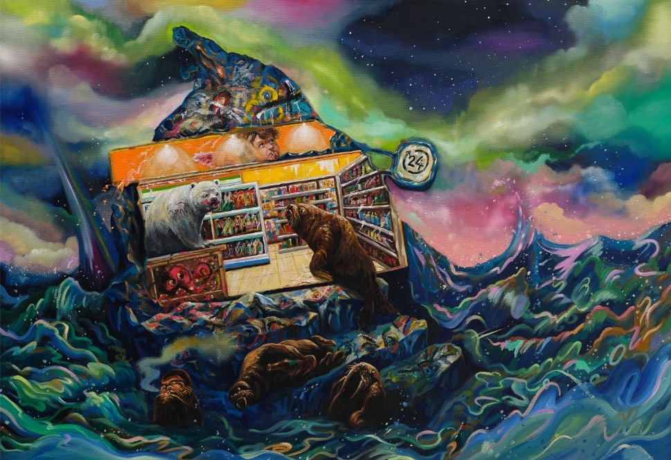 연중무휴 북극마트 곧 문 닫아요! · Oil, acrylic on canvas · 80 x 117 cm · 2022 · 24/7 Arctic Mart is Closing Soon! · Oil, acrylic on canvas · 배윤환 · Bae Yoon Hwan · (이미지제공 = 갤러리바톤) · (Source = GalleryBaton)