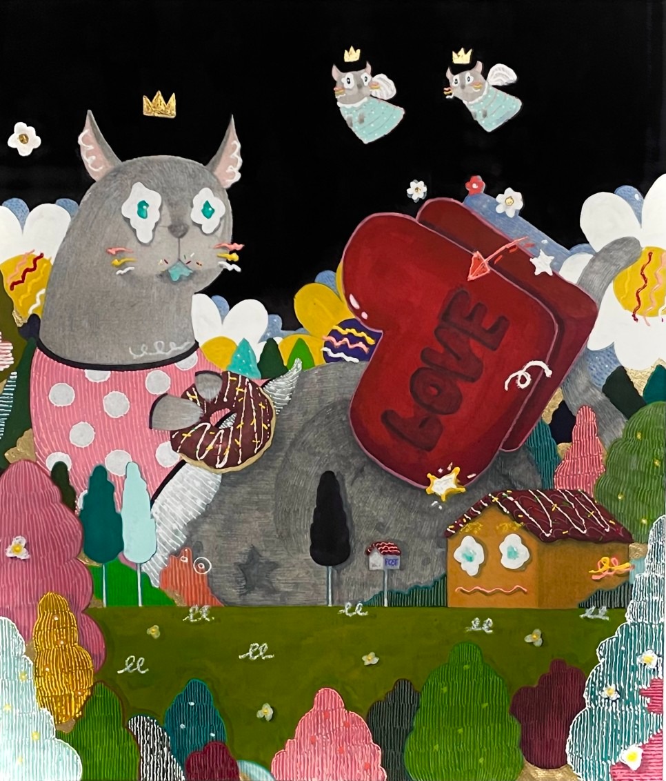 Puss in boots · 장지에 혼합재료 · 53x45.7cm · 2022 · 김우솔 · (이미지출처 = 갤러리 봄) · (source = Gallerybom)