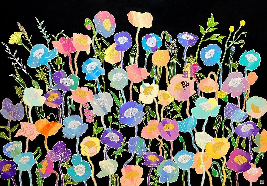 꽃잎은 바람결에 · 장지에 채색 · 130.3 x 89.4cm · 2022 · 심주하 · Sim JooHa · (이미지 출처 = 심주하 작가) · (Source = Sim Joo-Ha)