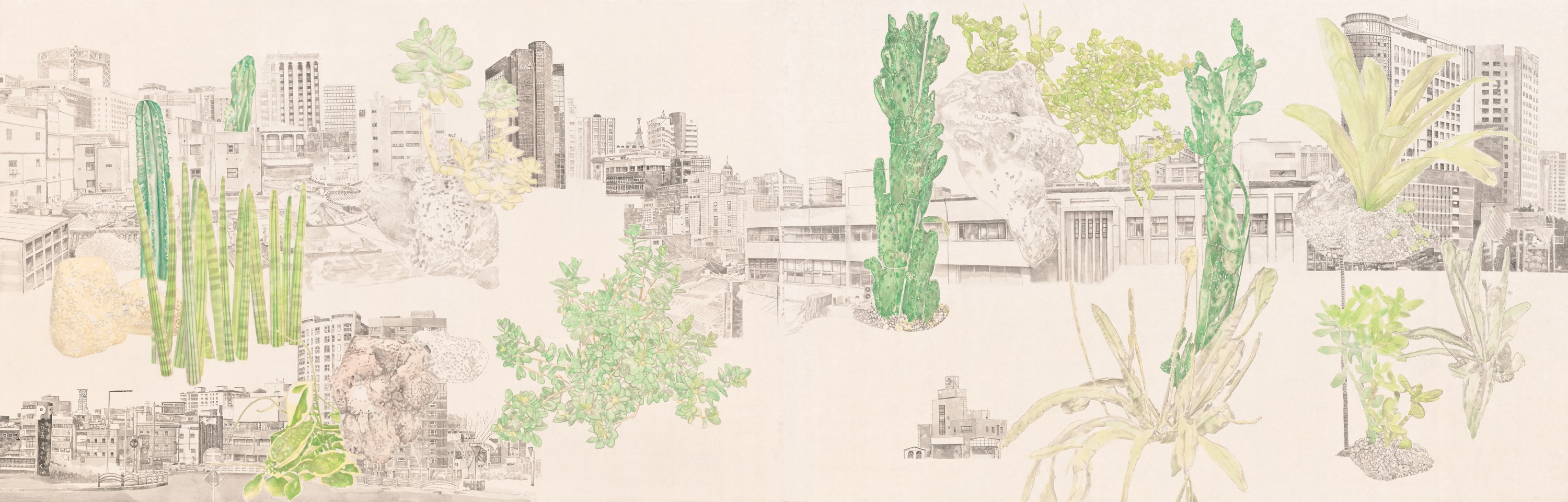 삼시소원도三市小園圖 · 비단에 수묵채색 · 114×178cm×2ea · 2019 · 진민욱 · Jin Minwook · (이미지 제공 = 한원미술관) · (Source = Hanwon Museum of  Art)