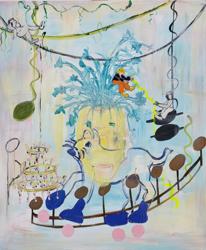 장화신은 고양이의 4분의 4박자 춤 · Acrylic on canvas · 72.7 x 60.6cm · 2022 · Four-four time dance of a Cat in boots · Acrylic on canvas · 윤정원 · Yoon Jeongwon · ©GalleryJJ (이미지 제공 = 갤러리JJ) · ©GalleryJJ (Source = galleryjj)