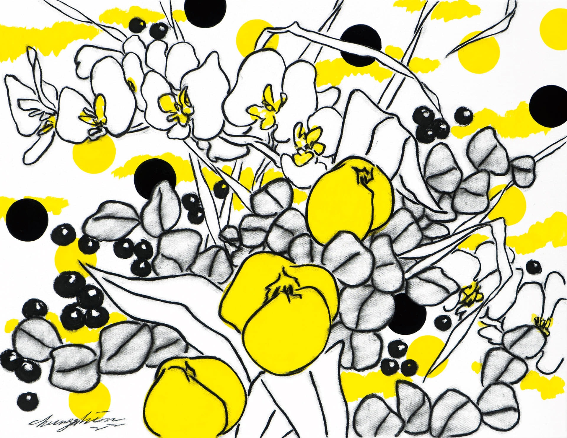 Black Neon : 정물산책 · Mixed media on Canvas · 41 x 53cm · 2022 · Black Neon · Mixed media on Canvas · 청신 · Chungshin · (이미지 출처 = 프린트베이커리) · (Source = Print Bakery)