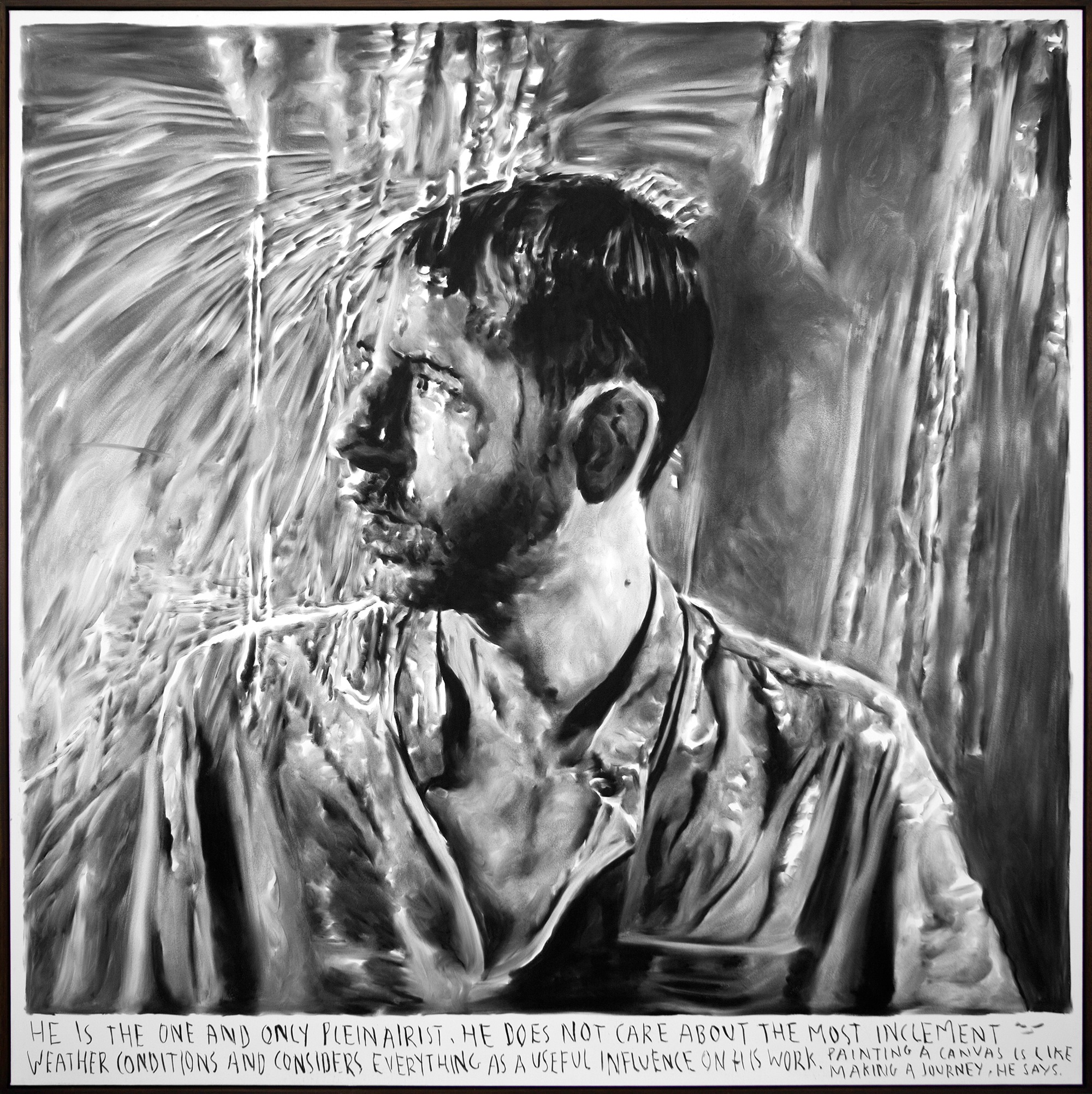 He is the one and only pleinairist. · charcoal on canvas, artist frame · 200 x 200 cm · 2022 · He is the one and only pleinairist. · charcoal on canvas, artist frame · 리너스 반 데 벨데 · Rinus Van de Velde · (이미지 제공 = 갤러리 바톤) · (Source = Gallery Baton)