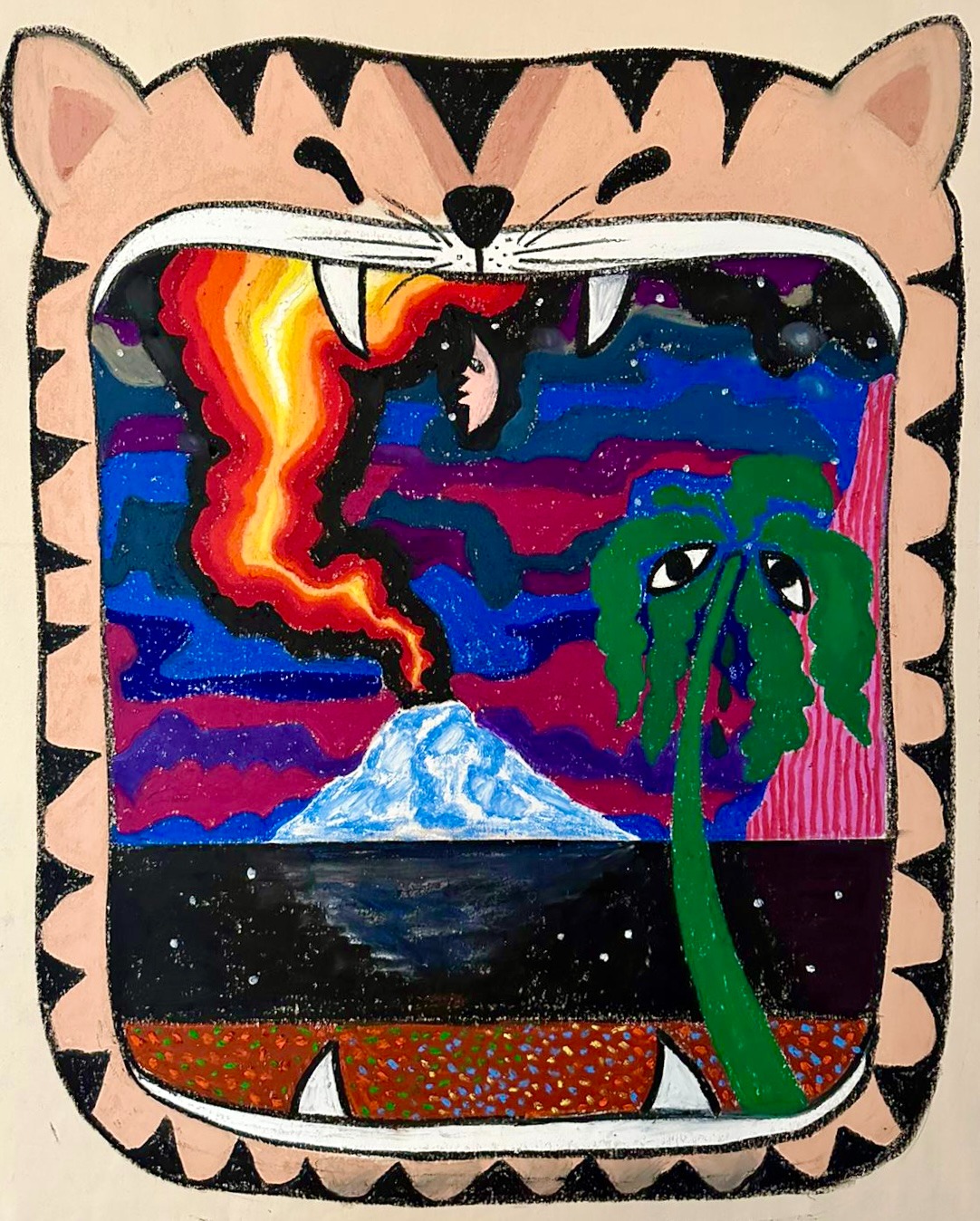 VOLCANO ISLAND · OIL STICKS AND SPRAY ON CANVAS · 100x80cm · 2022 · VOLCANO ISLAND · OIL STICKS AND SPRAY ON CANVAS · 에드 브로너 · ED BRONER · (이미지제공 = FFF) · (Source = FFF)