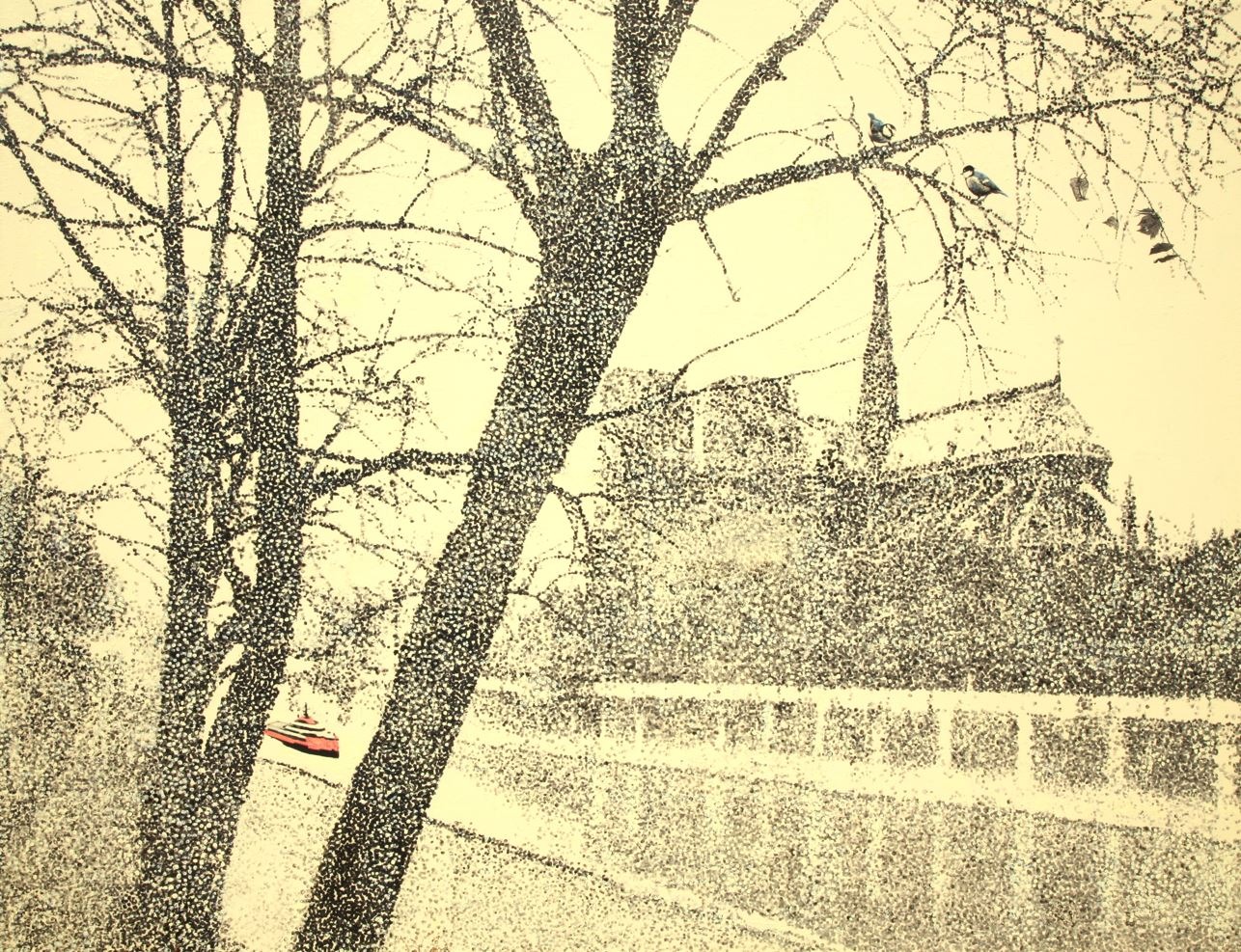 노트르담, 몬테벨로의 부두 · 캔버스에 혼합재료 · 145.5 x 112cm · 2022 · Notre-Dam, quai de Montebello · 이은주 · Lee Eun Joo · (이미지 출처 = 갤러리 마노) · (Source = Gallery Mano)