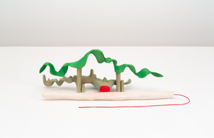 Factory · Basswood, dye, gouache, plastic, steel, primer · 26.7 x 81.3 x 38.1 cm · 2022 · Factory · Basswood, dye, gouache, plastic, steel, primer · 매튜 로네이 · Matthew Ronay · Photo by Matthew Ronay. Courtesy of the artist and Perrotin. · Photo by Matthew Ronay. Courtesy of the artist and Perrotin.