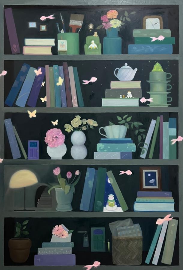 새벽의 책장 · oil on canvas · 162.2 x 112.1 cm · 2022 · oil on canvas · 이한나 · Lee Hanna · (이미지제공 = FFF) · (Source = FFF)