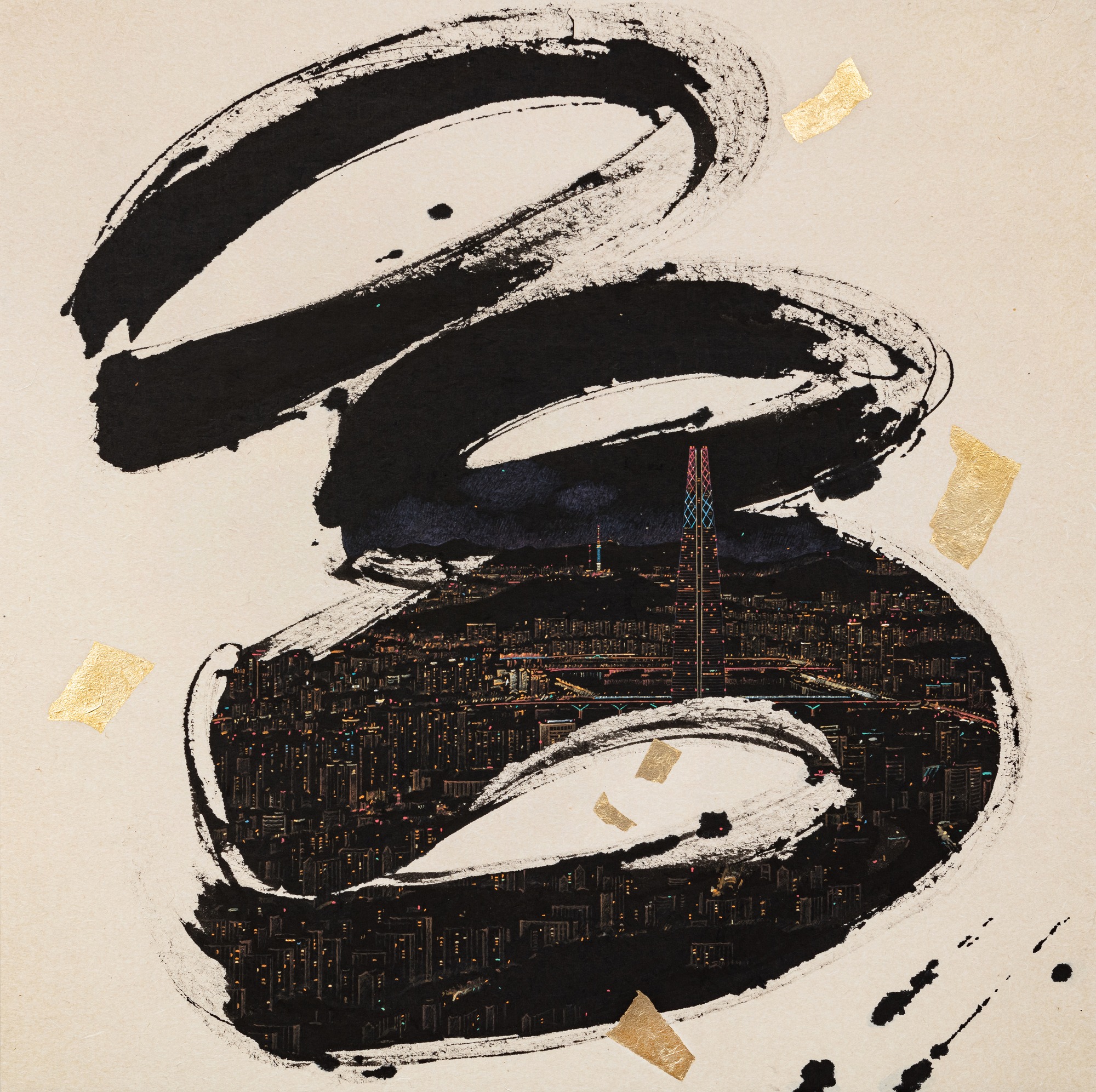 A little talk-Seoul · Chinese ink, acrylic and gold leaf on Korean paper · 72.7x72.7cm · 2022 · A little talk-Seoul · Chinese ink, acrylic and gold leaf on Korean paper · 박지은 · Park Jieun · (이미지 제공 = 서정아트) · (Source = Seoujungart)