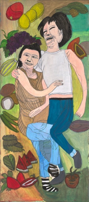 두 여자 · 캔버스 위에 펜, 아크릴 · 139.5 x 31 cm · 2020 · 정은혜 · (출처=신세계갤러리)