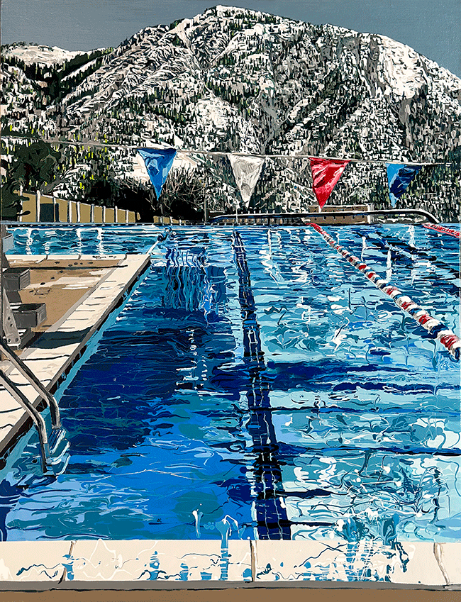 Mountain Pool with Flags · Enamel and acrylic on canvas · 65.1x50cm · 2022 · Mountain Pool with Flags · Enamel and acrylic on canvas · 강유진 · Kang Yujin · (이미지 출처 = 선화랑) · (Source = sungallery)