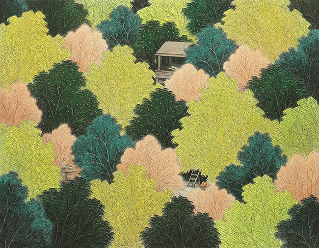 사유의 숲 · 장지에 먹과 채색 · 91x116cm · 2022 · 김민주 · Kim Minju · (이미지 출처 = 선화랑) · (Source = sungallery)