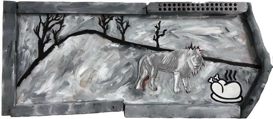 고기는 역시 기름진 게 맛있어 · oil painting, collage on a tree · 32.8x78.5cm · 2020 · 조구 · Jo Gu · (이미지 출처 = 플레이스막3) · (Source = placemak3)