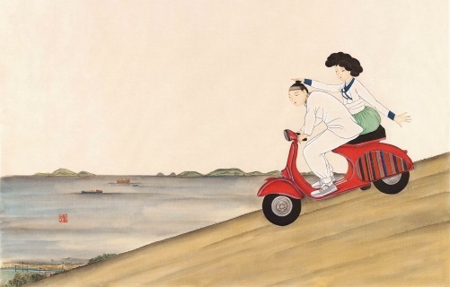 너에게 기대 · 비단에 석채 · 52×84cm · 2022 · 함보경 · Ham Bogyeong · (이미지 출처 = 아트스페이스 J) · (Source = Artspace J)
