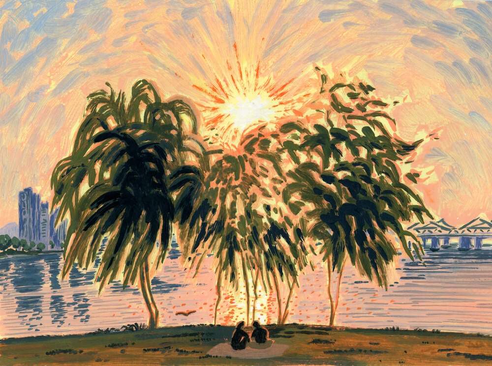 The sunset that flows like love · 종이에 아크릴 · 519*421mm · 2022 · 이영리 · Lee Younglee · (이미지 출처 = 클램프 갤러리) · (Source = klampgallery)