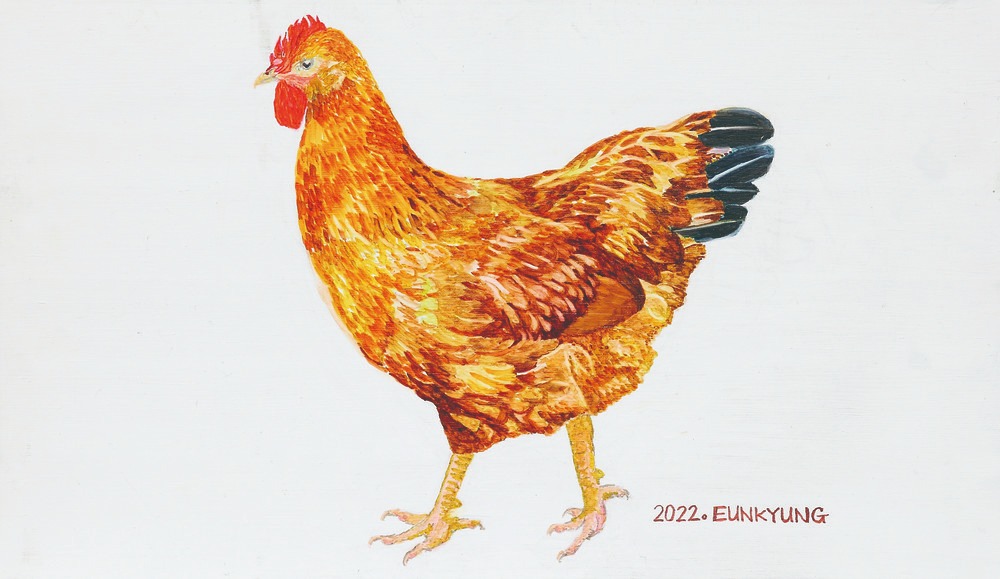 암닭 · Arcylic marker on wood · 40x24 · 나은경 · Na Eunkyung · (이미지 출처 = 신불당아트센터) · (Source = Sinbuldang Art Center)