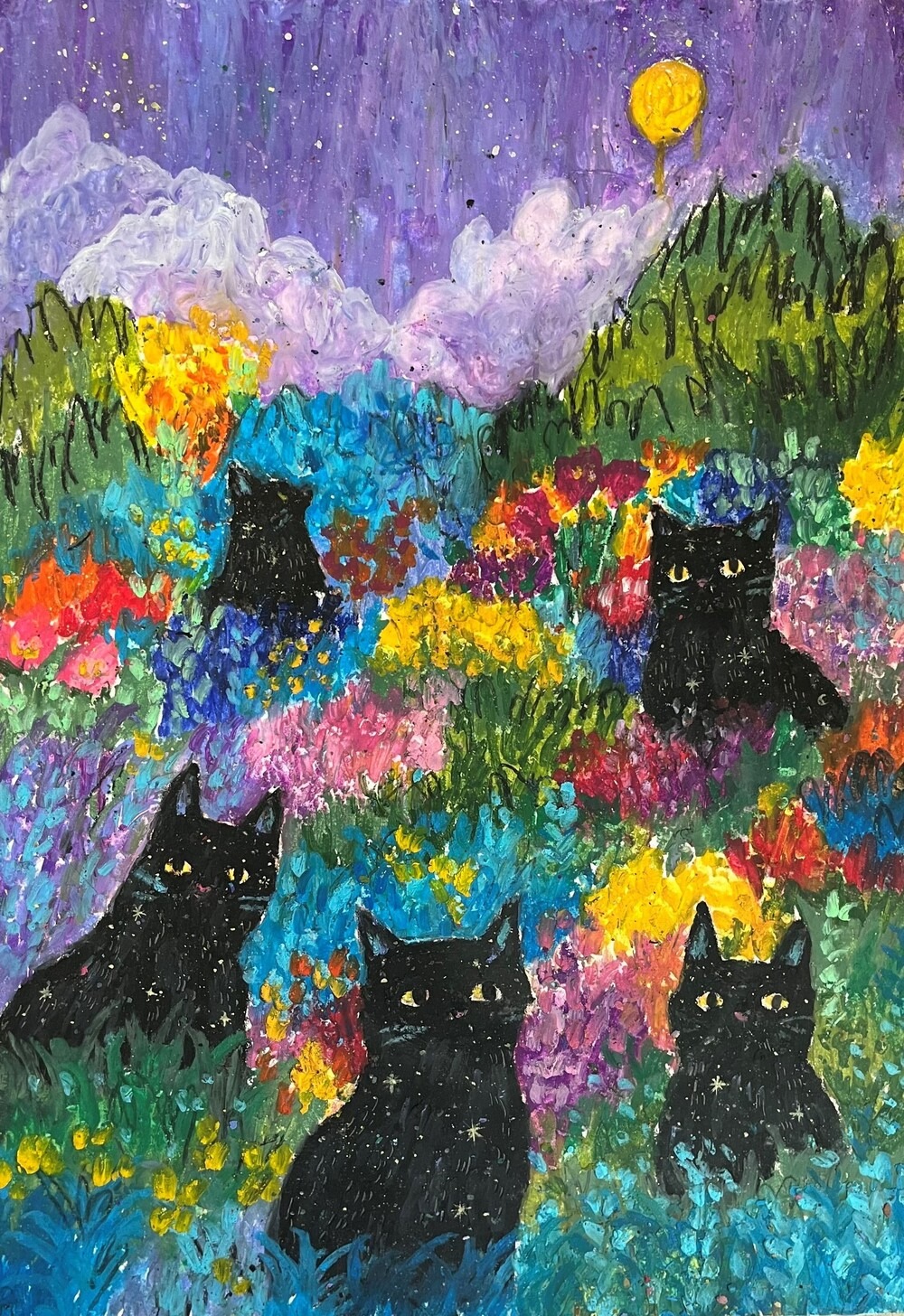 고양이 별 동산 · 종이에 크레파스 · 23.5*34cm · 2023 · 파시호시 · Facyhosi · (이미지 출처 = 클램프 갤러리) · (Source = klampgallery)