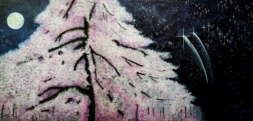 월하앵화(月下櫻花달아래벚꽃) · 한지에채색 · 91.0x189.8cm · 2022 · 김수빈 · Kim Subin · (이미지 출처 = 충무로갤러리) · (Source = chungmuro gallery)