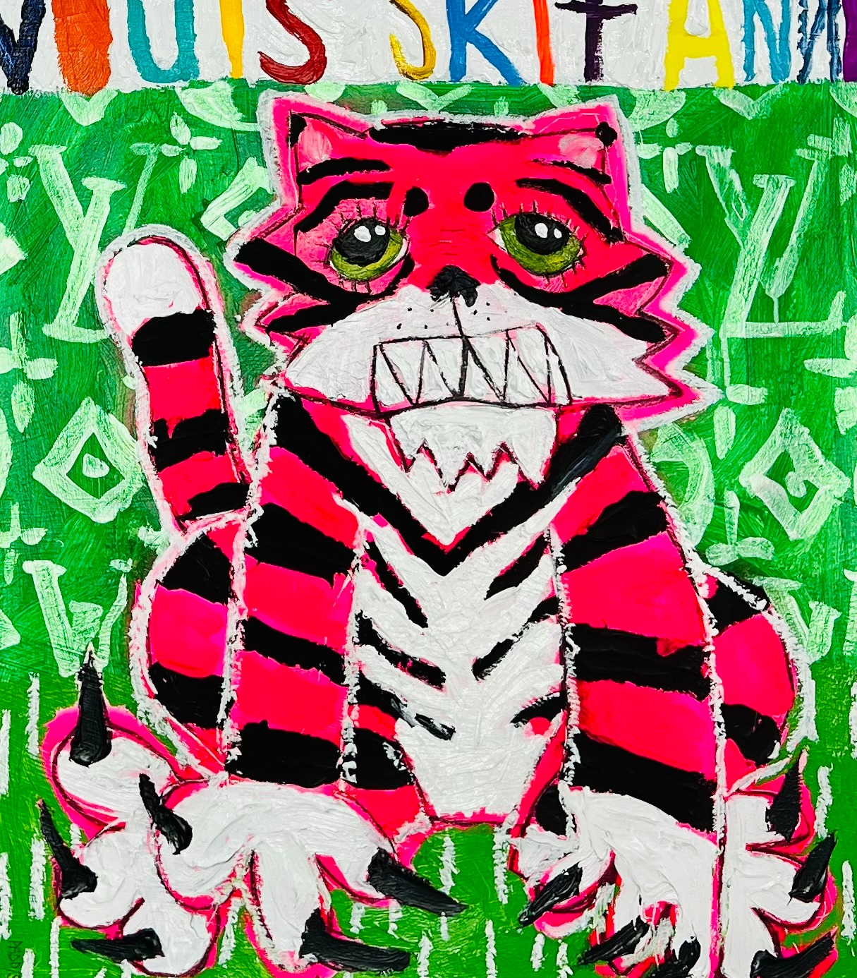 Vouis skit Anne · Oil stick acrylic spray paint charcoal pencil and wax crayon on canvas · 70x60cm · 2023 · Vouis skit Anne · Oil stick acrylic spray paint charcoal pencil and wax crayon on canvas · 네이슨 패디슨 · Nathan Paddison · (이미지 출처 = 아뜰리에 아키) · (Source = ATELIER AKI)