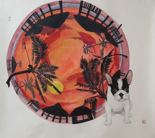 석양 (夕陽) · 한지위에 수묵담채 · 71×80cm · 2021 · 정헌칠 · Jeong Heonchil · ​(이미지 출처 = 이젤갤러리) · (Source = Easel Gallery)