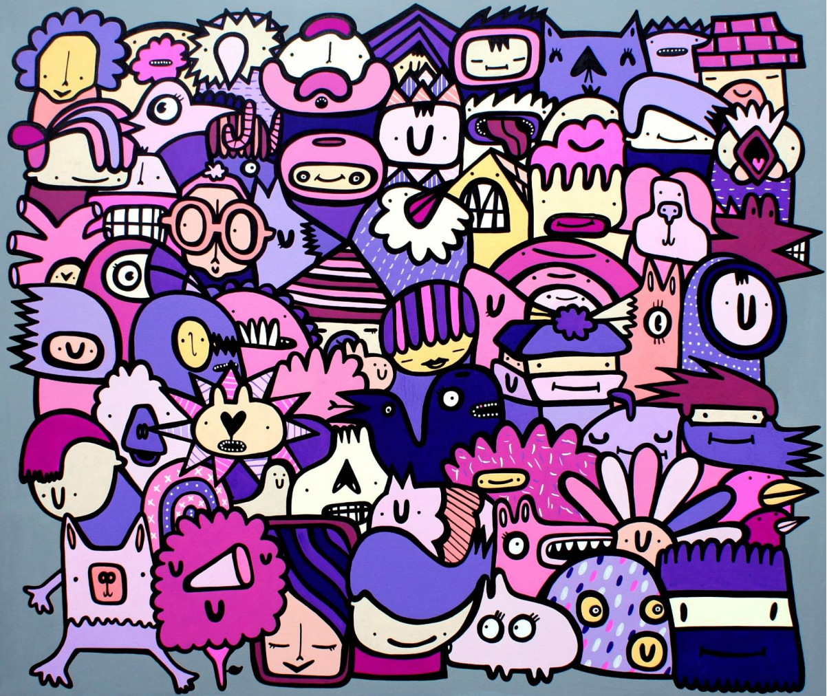 Love and Laughter · Spray paint, acrylic, paint pen and ink on canvas · 100 x 120cm · 2022 · Love and Laughter · Spray paint, acrylic, paint pen and ink on canvas · 케브 먼데이 · Kev Munday · Courtesy of Kev Munday Studio (이미지 제공 = 비비안초이 갤러리) · Courtesy of Kev Munday Studio (Source = Vivianchoi Gallery)