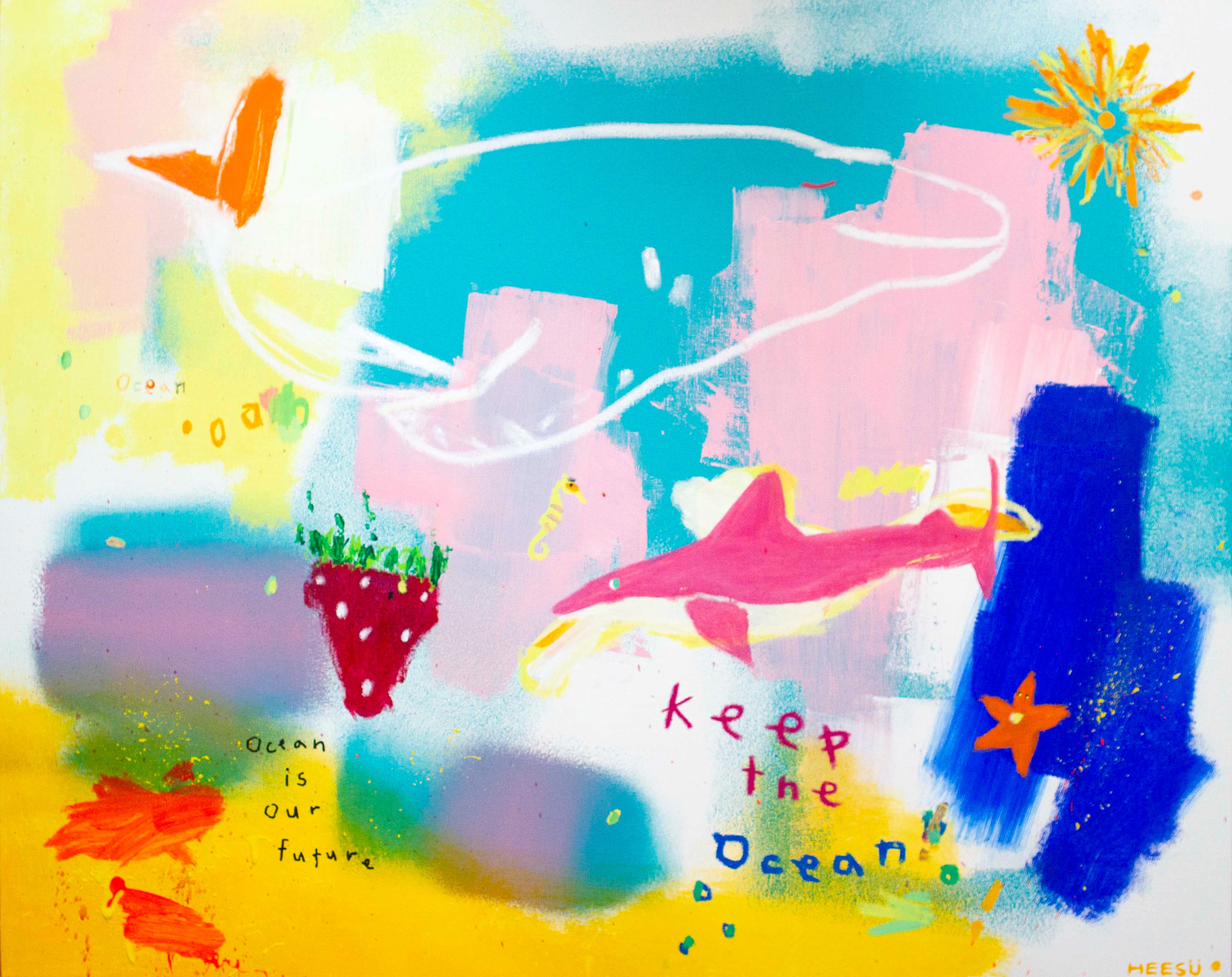 Under the sea (We will protect you) · mixed media on canvas · 90.9x72.7cm · 2022 · Under the sea (We will protect you) · mixed media on canvas · 원희수 · Won Heesu · (이미지 출처 = 작가 제공) · (Source = Won Heesu)