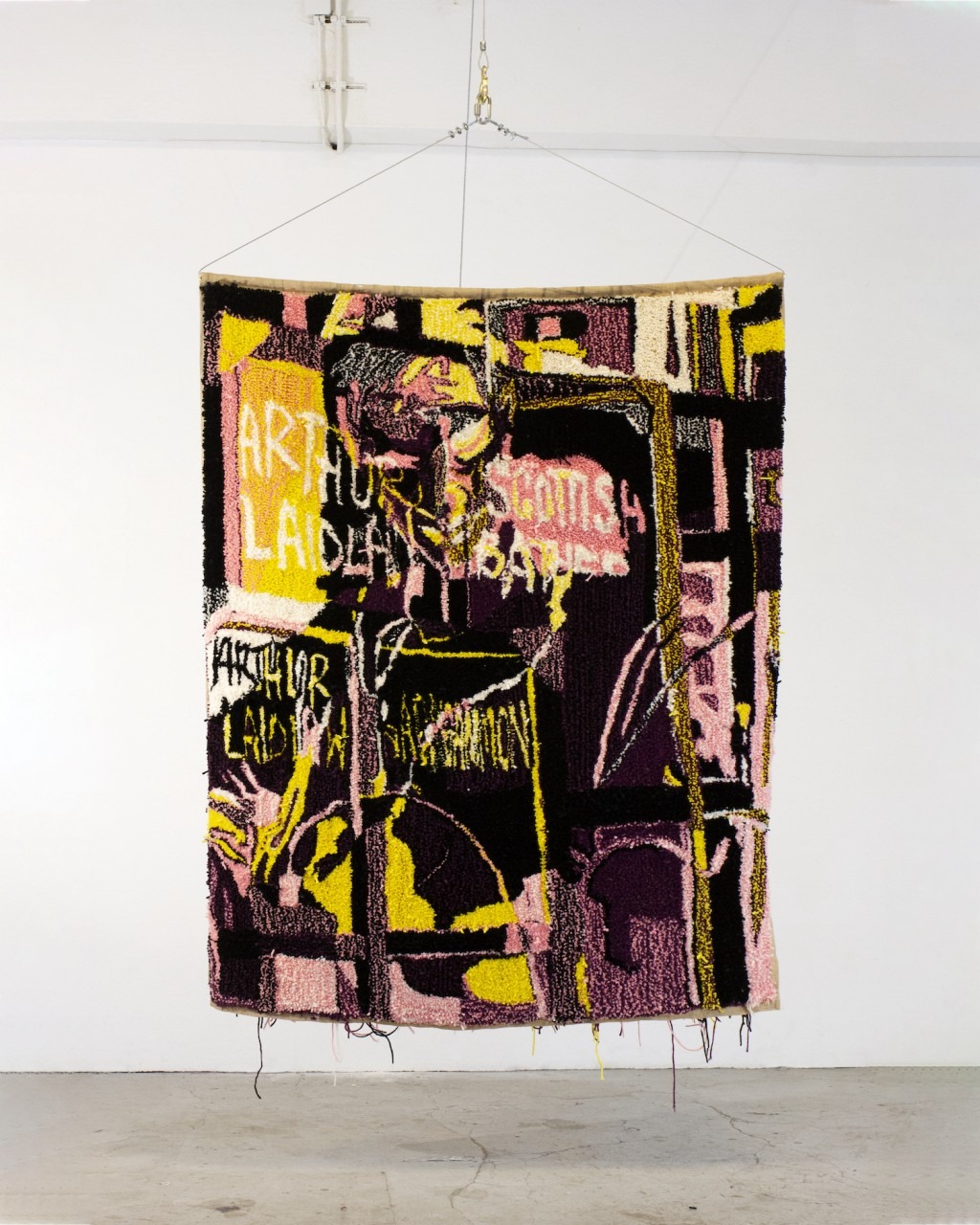 Adalbertstraße 9 · wool, hessian, and latex glue installed with cable, wire clamps, pulley, carabiner, and manual winch · 170 x 130 cm (dimensions variable) · 2023 · Adalbertstraße 9 · wool, hessian, and latex glue installed with cable, wire clamps, pulley, carabiner, and manual winch · Arthur Laidlaw · Arthur Laidlaw · (이미지 출처 = 에프레미디스) · (Source = efremidis)