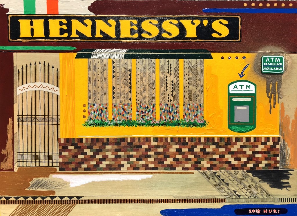 Hennessy’s Bar in Boston · mixed media on woodboard · 73x54cm · 2018 · Hennessy’s Bar in Boston · mixed media on woodboard · 김누리 · Kim Nuri · (이미지 출처 = 레이블갤러리) · (Image Source = label gallery)