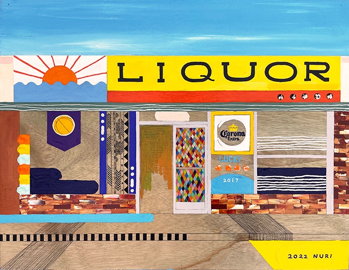 Sunrise Liquor NY · mixed media on woodboard · 53x42cm · 2022 · Sunrise Liquor NY · mixed media on woodboard · 김누리 · Kim Nuri · (이미지 출처 = 레이블갤러리) · (Image Source = label gallery)