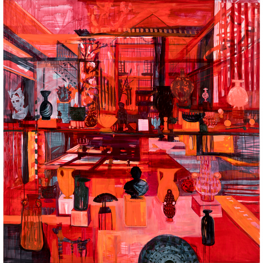 The Mean Reds · Watercolor, acrylic, ink, and oil on canvas · 198.1 x 193 cm, 78 x 76 in. · 2022 · The Mean Reds · Watercolor, acrylic, ink, and oil on canvas · 엘리자베스 슈바이거 · Elizabeth Schwaiger · ©Elizabeth Schwaiger. Courtesy of the artist and Nicola Vassell Gallery (이미지 출처 = 가나아트) · (Source = Gana art)