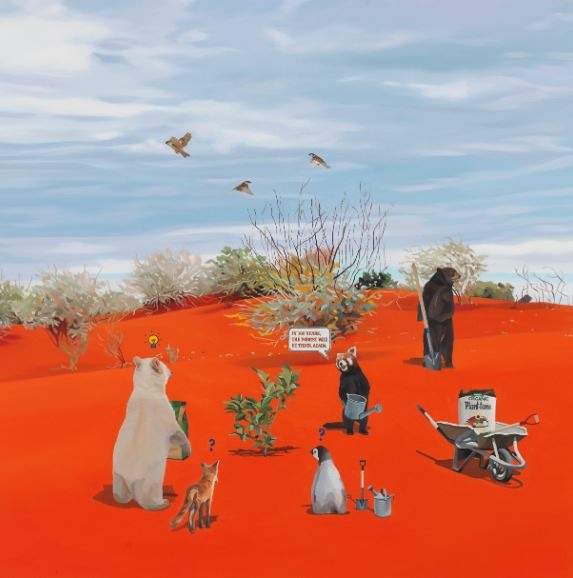 나무 심기 좋은 날 · Oil on canvas · 72.7x72.7cm · 2023 · A Good Day to Plant Trees · Oil on canvas · 정성준 · Jeong Seongjoon · (이미지 출처 = 아뜰리에 아키) · (Image Source = atelier aki)