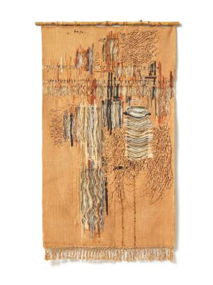 도시의 이미지 · 면에 면사, 마사, 모사; 코일링, 자유기법 · 119x75 cm · 1961 · Image of City · Cotton, linen, and wool thread no cotton cloth; coiling, free technique · 이신자 · Lee ShinJa · (출처 = 국립현대미술관) · (Source = MMCA)
