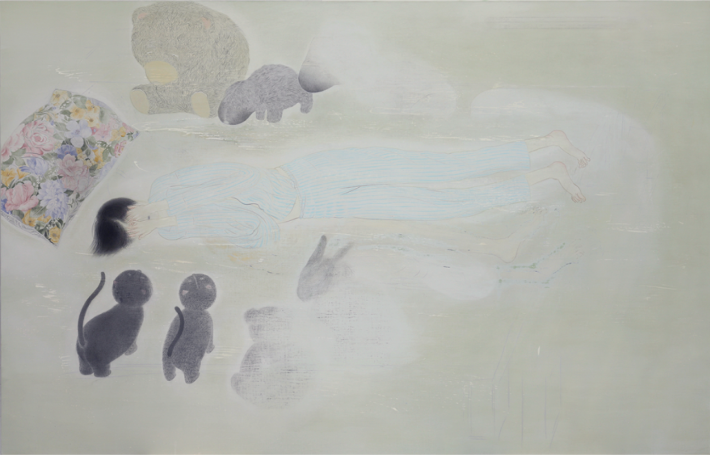 Stuffed Toys and floral pillow · Acrylic, linen, wooden panel · 122 x 190 cm · 2019 · Stuffed Toys and floral pillow · Acrylic, linen, wooden panel · 가시키 토모코 · Kashiki Tomoko · Copyright of Tomoko Kashiki, Courtesy of Ota Fine Arts · Copyright of Tomoko Kashiki, Courtesy of Ota Fine Arts