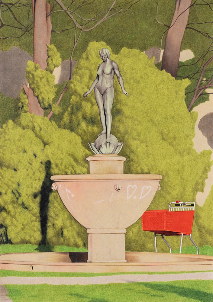 조각상과 서있는 카트 · 종이 위에 연필, 색연필 · 841x594mm · 2023 · Statue and a shopping cart · graphite and color pencil on paper · 호상근 · Ho Sangun · (출처 = oaoa갤러리) · (Source = oaoa gallery)
