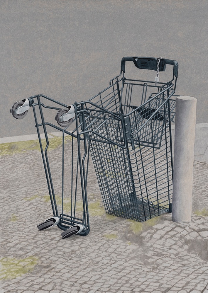 길 위에 엎드려 있는 카트 · 종이 위에 연필, 색연필 · 594x420mm · 2023 · 호상근 · (출처 = oaoa갤러리) · (Source = oaoa gallery)