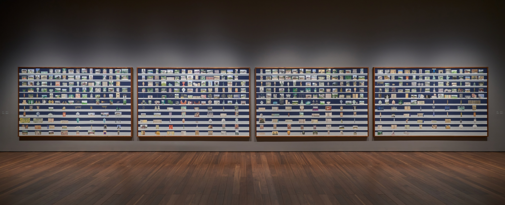 <국보 530점> · 종이에 색연필, 플래쉬 물감. 패널 4개 · 181x300cm each · 2023 · 530 National Treasures · Colored pencil and flashe on paper. 4 panels · 갈라 포라스-김 · Gala Porras-Kim · ⓒ Gala Porras-Kim. 사진: 양이언 · ⓒ Gala Porras-Kim. Photo: Yang Ian