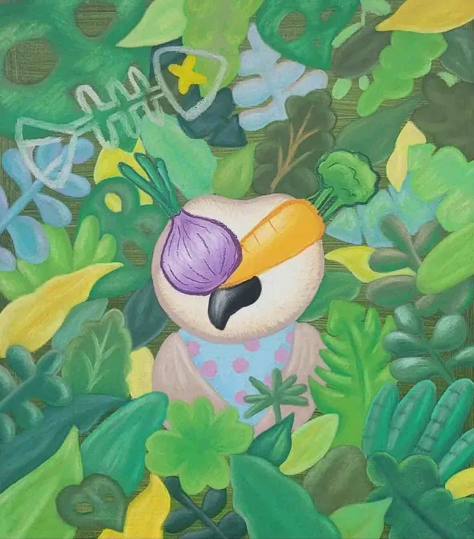 드라마 · Paint and oil pastel on canvas · 45.5x53cm · 2023 · Drama · Paint and oil pastel on canvas · 엉이 · Eong Yi · (이미지 출처 = H아트브릿지) · (Image Source = h artbridge)