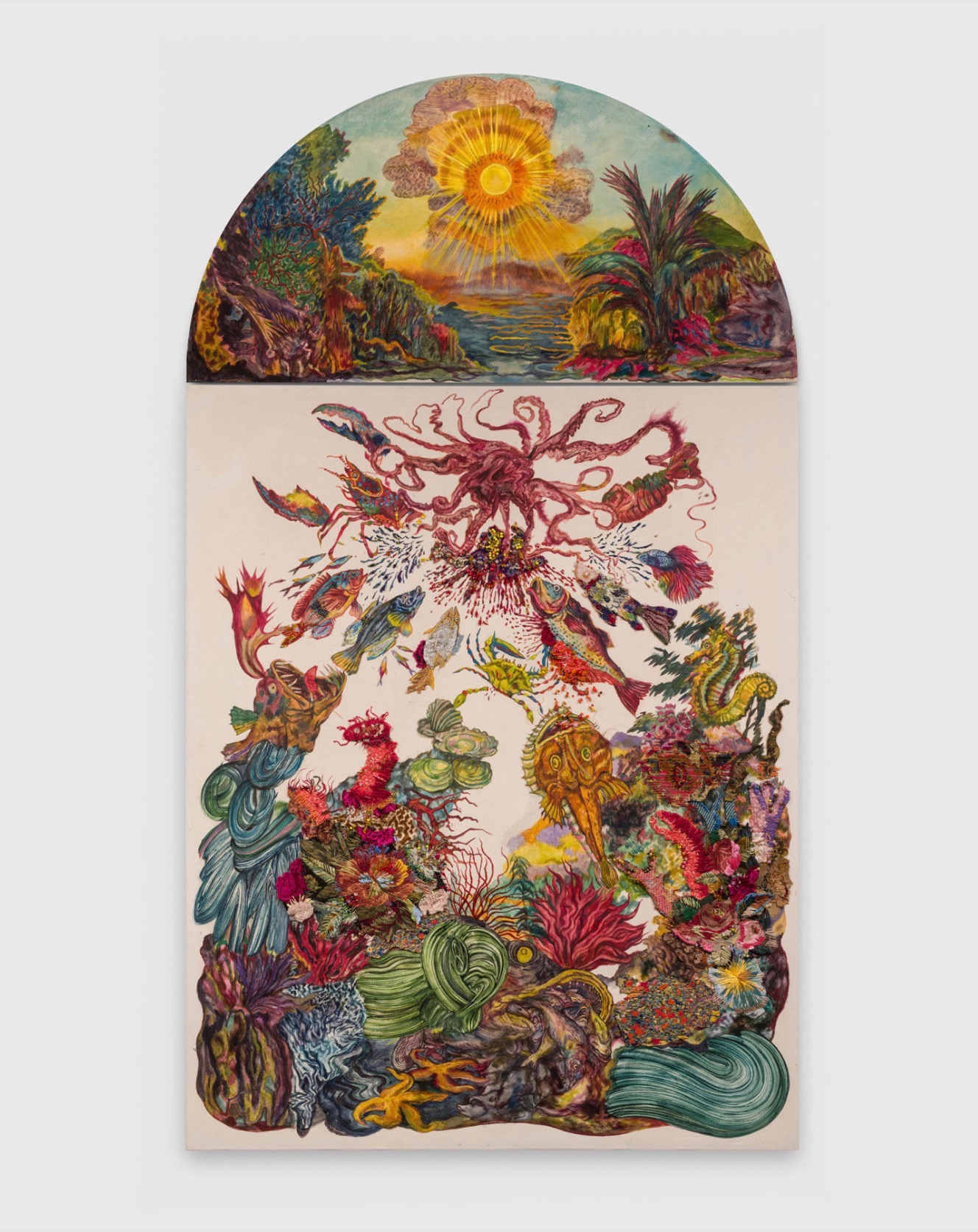 1922 Western Avenue · Oil, Korean pigment, silk embroidery thread, beads, crystals · 284.5 x 162.6 cm · 2023 · 1922 Western Avenue · Oil, Korean pigment, silk embroidery thread, beads, crystals · 켄건민 · KEN GUN MIN · (출처 = 리만머핀) · (Source = Lehmann Maupin)