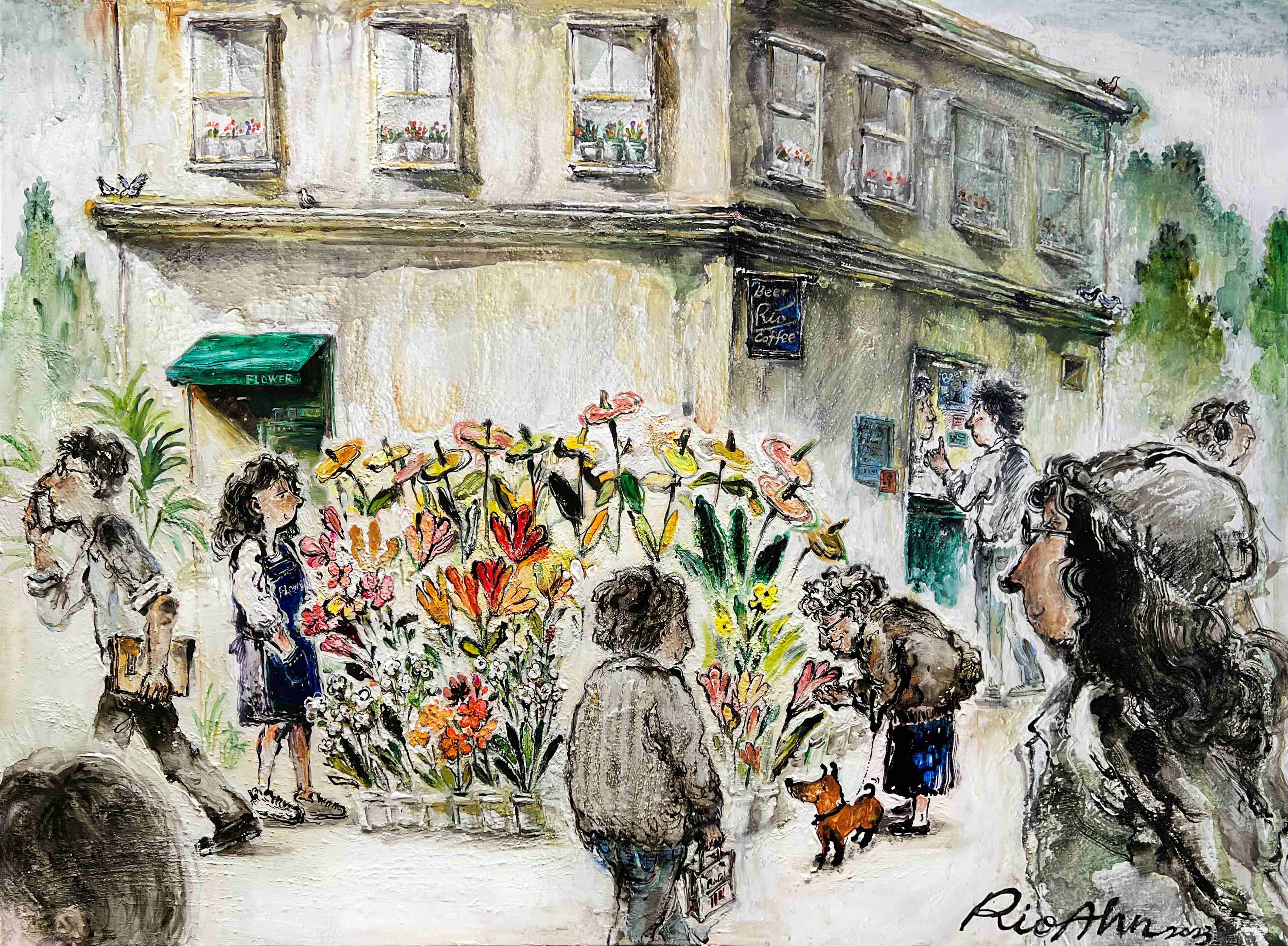 Flower Shop · ink, mixed media on canvas · 72x100 cm · 2023 · Flower Shop · ink, mixed media on canvas · 안리오 · Rio Ahn · (출처 = 히피한남) · (Source = Hippie Hannam)