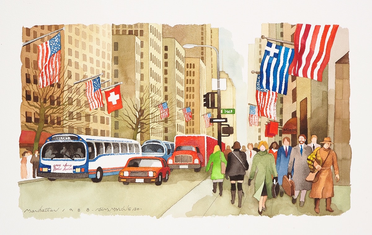 Manhattan · Watercolor on Paper · 31cm×44cm · 1988 · Manhattan · Watercolor on Paper · 심명보 · Shim Myungbo · (출처 = 갤러리 무모) · (Source = Gallery Mumo)