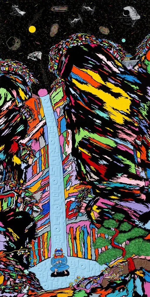 beyond the universe(waterfall) · Acrylic and ink on embossed wood panel · 150x70cm · 2023 · beyond the universe(waterfall) · Acrylic and ink on embossed wood panel · 성태진 · Taejin Seong · (이미지 출처 = 이길이구갤러리) · (Image Source = 2gil29gallery)