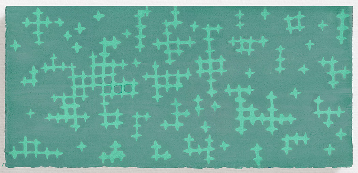Beyond the holes-greenish · gouache on paper · 15x38.5cm · 2023 · Beyond the holes-greenish · gouache on paper · 반주영 · Jooyoung Ban · (출처 = 우민아트센터) · (Source = Wumin Art Center)