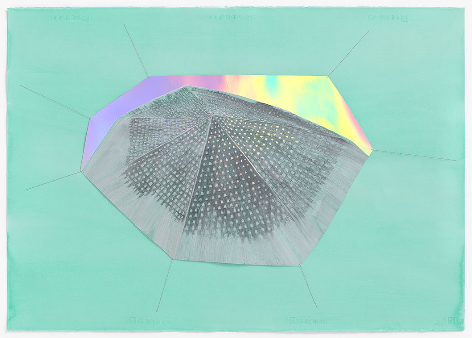 Whimsical boundary · pencil, thread, acrylic, gouache, holographic paper collage on paper · 70.5x100cm · 2023 · Whimsical boundary · pencil, thread, acrylic, gouache, holographic paper collage on paper · 반주영 · Jooyoung Ban · (출처 = 우민아트센터) · (Source = Wumin Art Center)