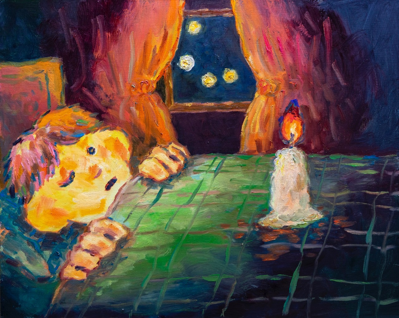 잠이 오지 않아서 · oil on canvas · 79x91cm · 2023 · When Can't Sleep · oil on canvas · 콰야 · Qwaya · (출처: 이길이구갤러리) · (Source = 2gil29 Gallery)