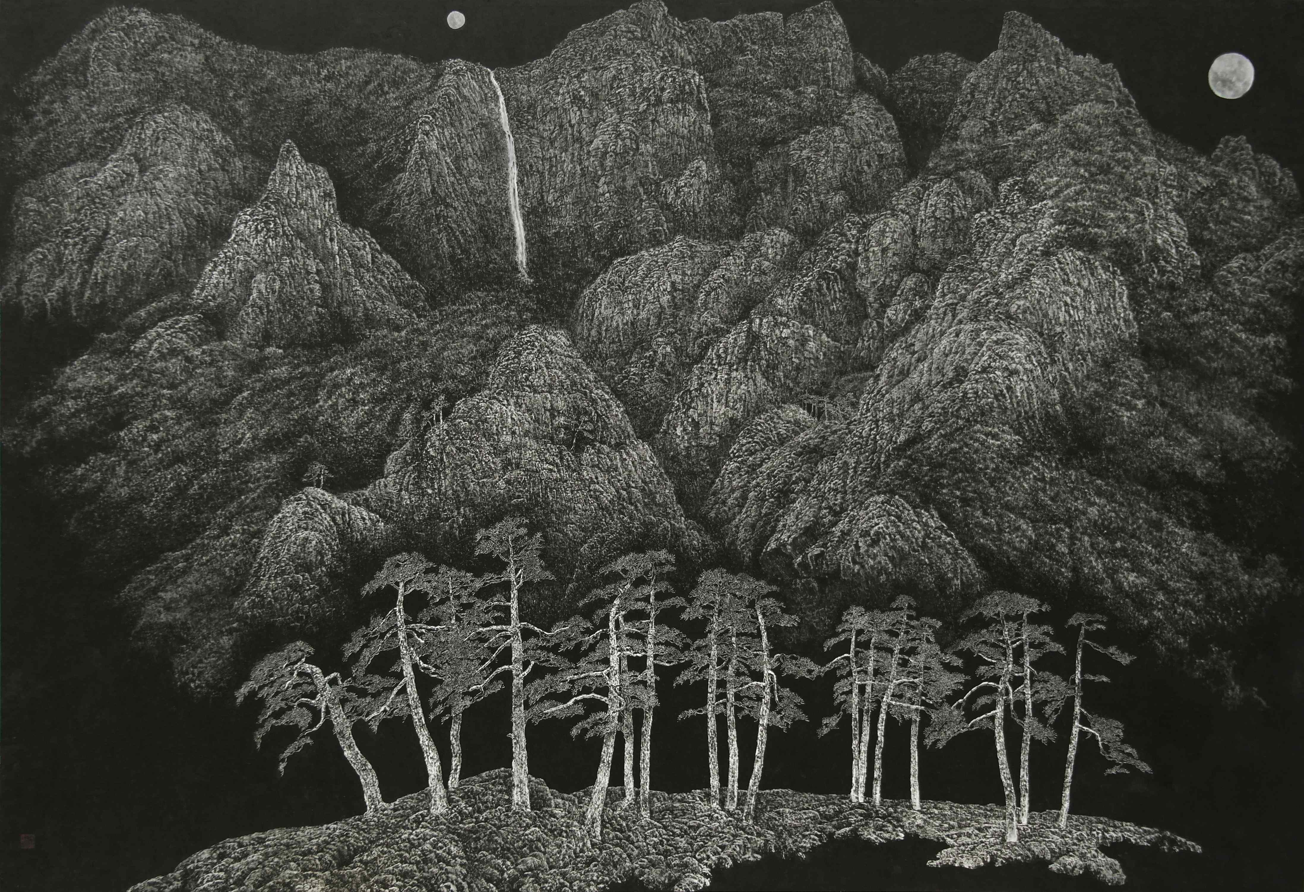 천음-설악기행(雪嶽奇行) · 한지에 수묵 · 137×199cm · 2018-2019 · Visit to Mt. Seorak · ink on hanji · 안용선 · Yongsun Ahn · (출처 = 양평군립미술관) · (Source = Yangpyeong Art Museum)