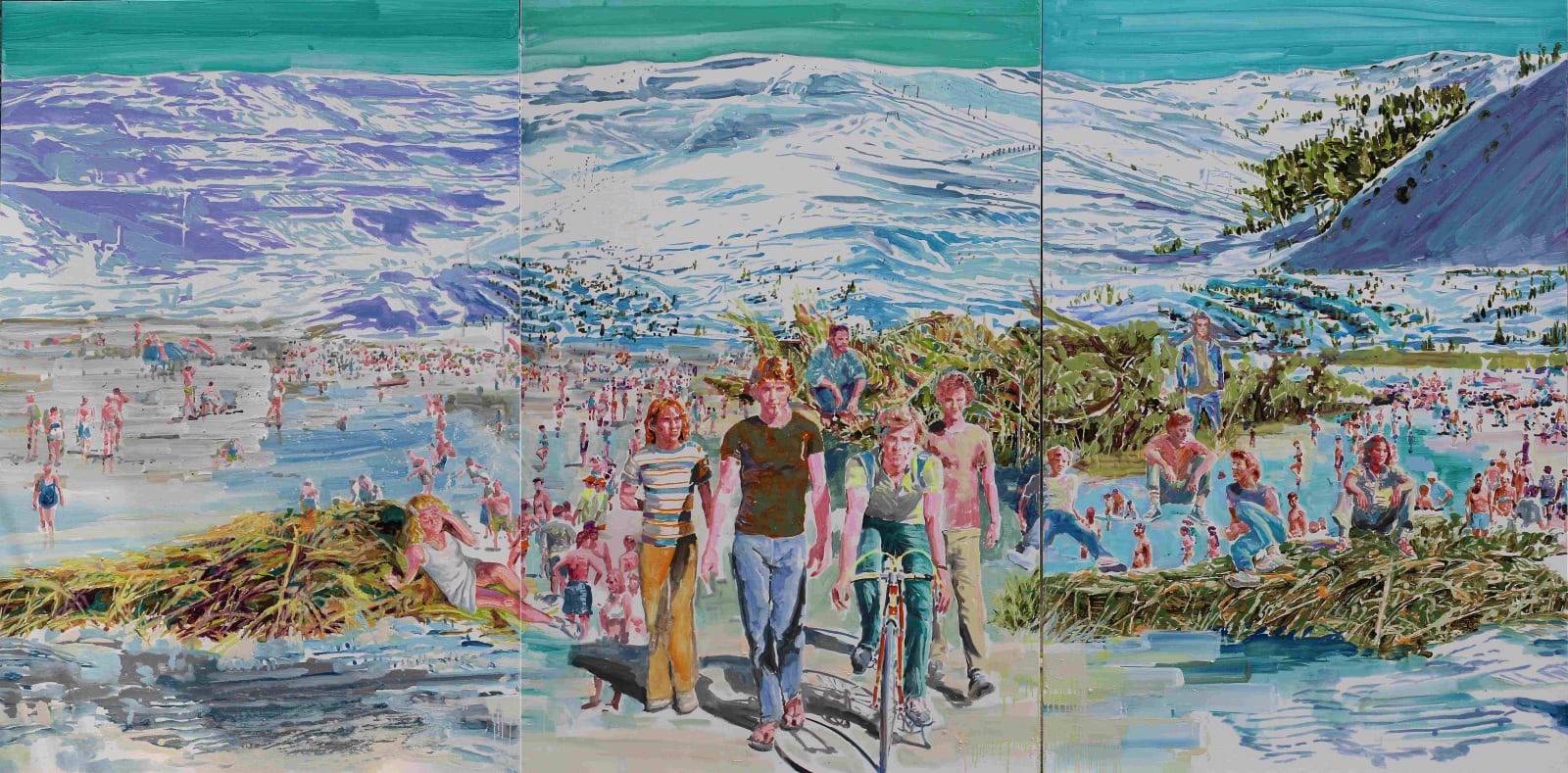 낯선곳의 일탈자들 · oil on canvas · 194x390cm · 2023 · DEVIATORS IN UNCANNY PLACE · oil on canvas · 권여현 · Yeohyun Kwon · (출처 = K&L 미술관) · (Source = K&L Museum)
