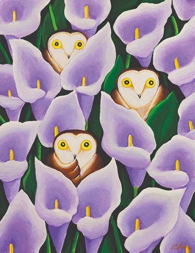 카라꽃과 부엉이 · Acrylic on canvas · 41x32cm · 2023 · Acrylic on canvas · 안윤모 · (이미지 출처 = 갤러리위)