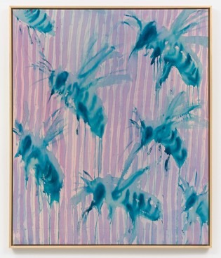 Old inherited bedsheets and 7bees · Acrylic on canvas · 120x100cm · 2025 · Andrej'Dúbravský · FIM